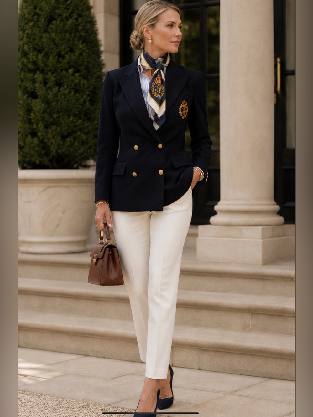 Navy Double-Breasted Blazer with Crest Detail - Women's Jacket